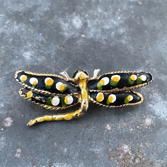 Jewelry - Vintage gold tone painted multicolor Dragonfly Brooch